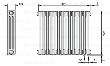 Схема (чертеж) Радиатор Zehnder Charleston 3100/14 №5510 Белый глянцевый RAL 9016